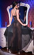 Long negligee, floral lace, high slit, mesh skirt